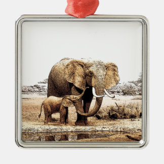 Ornement Carré Argenté Eléphant et bébé Eléphant