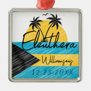 Ornement Carré Argenté Eleuthera Bahamas Drapeau Palm Tree Sunset Souveni
