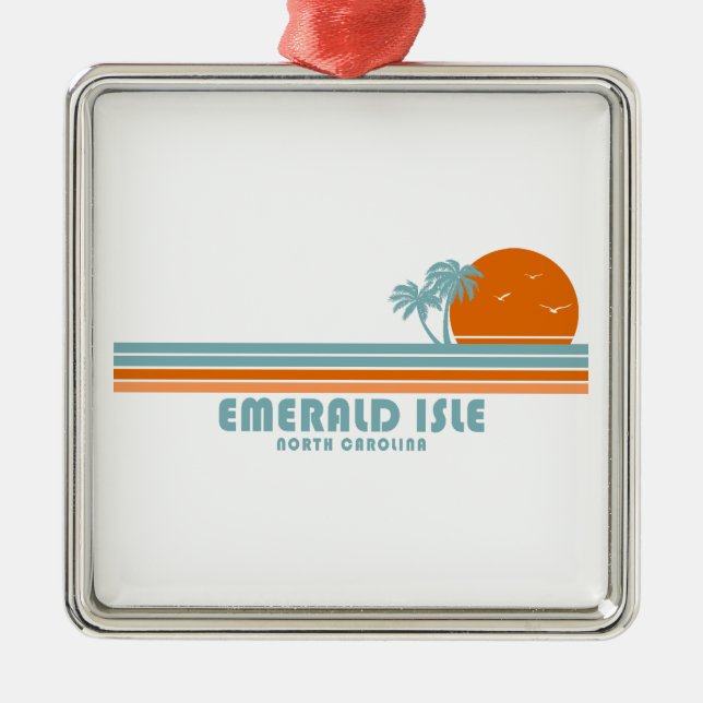 Ornement Carré Argenté Emerald Isle North Carolina Sun Palm Trees (Devant)