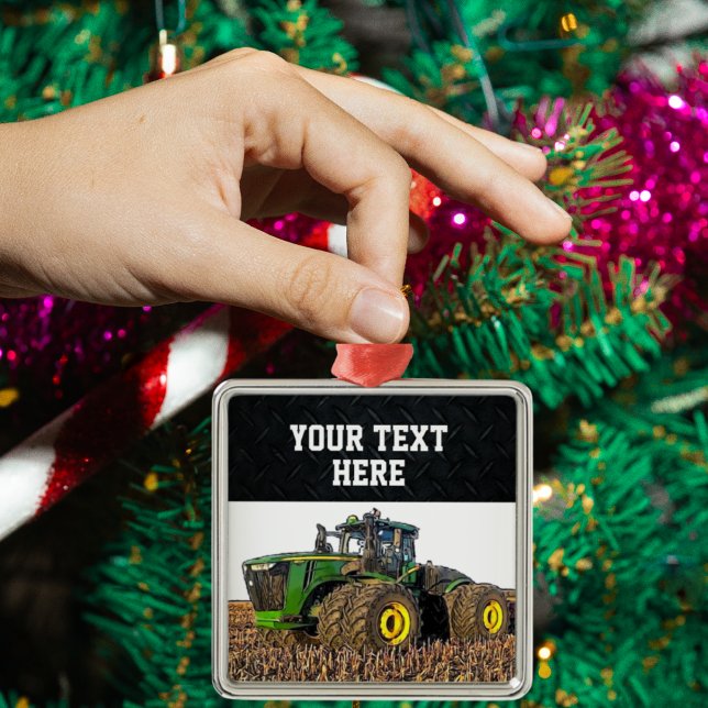 Ornement Carré Argenté Équipement de tracteur de ferme sur mesure (A personalized tractor farming Christmas ornament. )