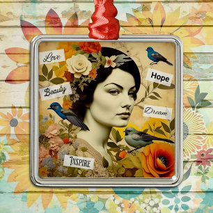 Ornement Carré Argenté Espoir, Amour, Beauté, Rêve Dame Vintage