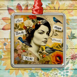 Ornement Carré Argenté Espoir, Amour, Beauté, Rêver Vintage Dame<br><div class="desc">Femme vintage aux bleuets,  fleurs et mots d'inspiration ai art. ornement de Noël.</div>
