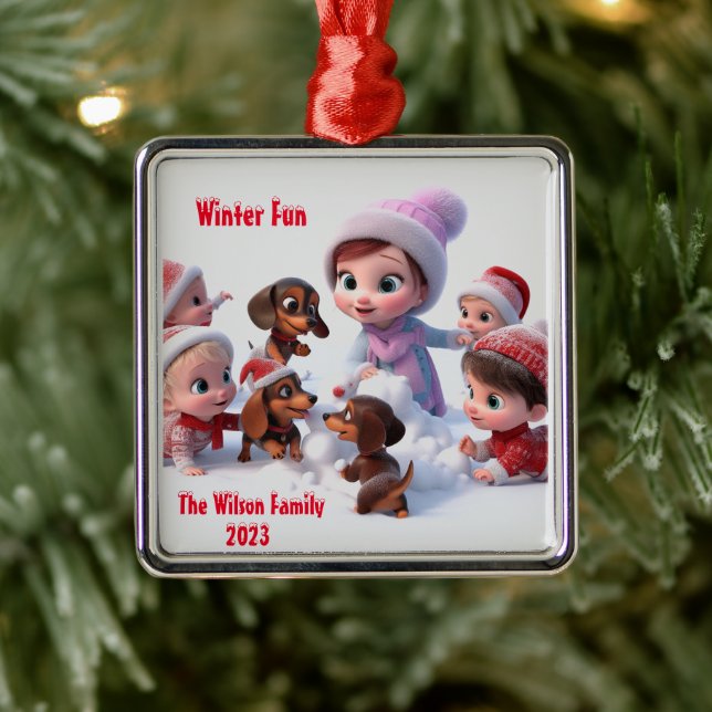 Ornement Carré Argenté Famille Dachshund Winter (Arbre)