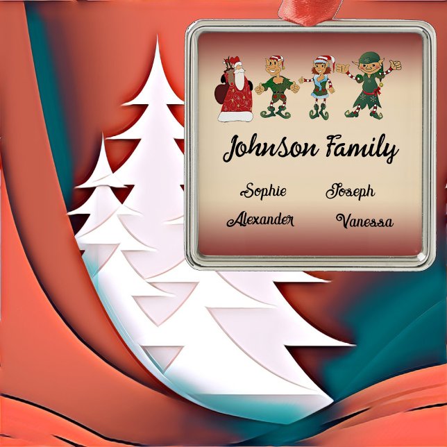 Ornement Carré Argenté Famille de 4 Membres Noël Magic Elves Père Noël (Family of 4 Members Christmas Magic Elves Santa Metal Ornament)