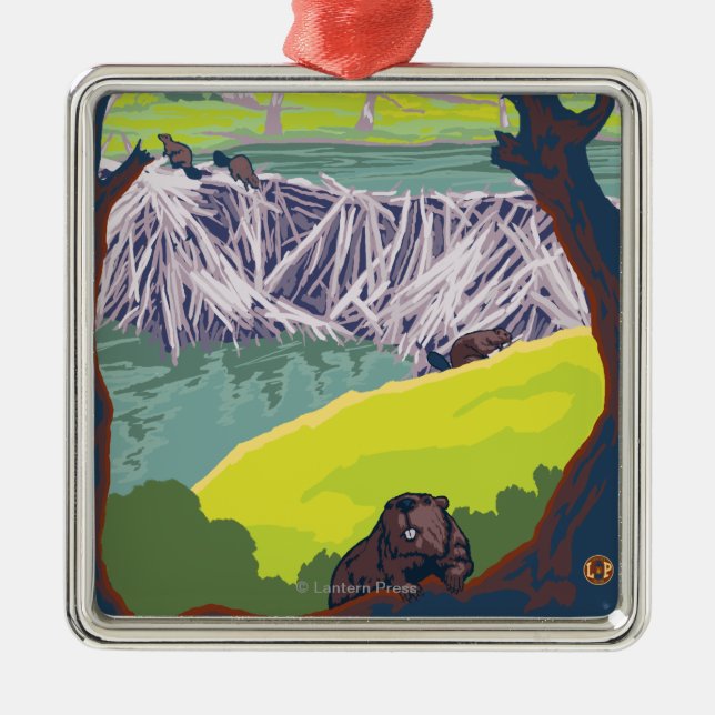 Ornement Carré Argenté Famille de castor - Eugene, Orégon (Devant)