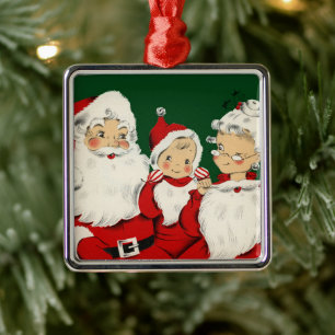 Ornement Carré Argenté Famille de Père Noël Rétro Milieu de Siècle – Kits