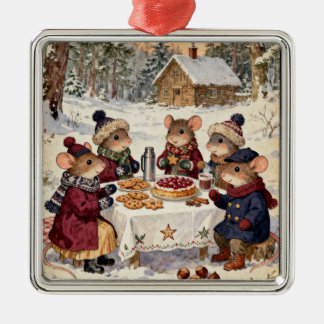 Ornement Carré Argenté Famille de souris de Noël 