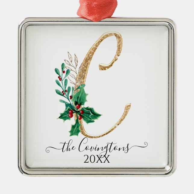 Ornement Carré Argenté Famille Monogramme C Holly Christmas Gold Parties  (Devant)