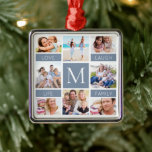 Ornement Carré Argenté Famille Monogramme Photo Collage Dusty Blue<br><div class="desc">Un cadeau parfait pour une famille</div>