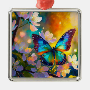 Ornement Carré Argenté Fantaisie de Cerisier en Fleur Papillon au Lever d