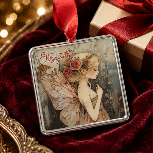 Ornement Carré Argenté Fée de Noël vintage personnalisée avec des roses