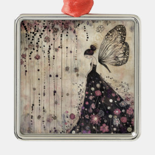Ornement Carré Argenté Fée Papillon Gothique Dans Jardin Noir