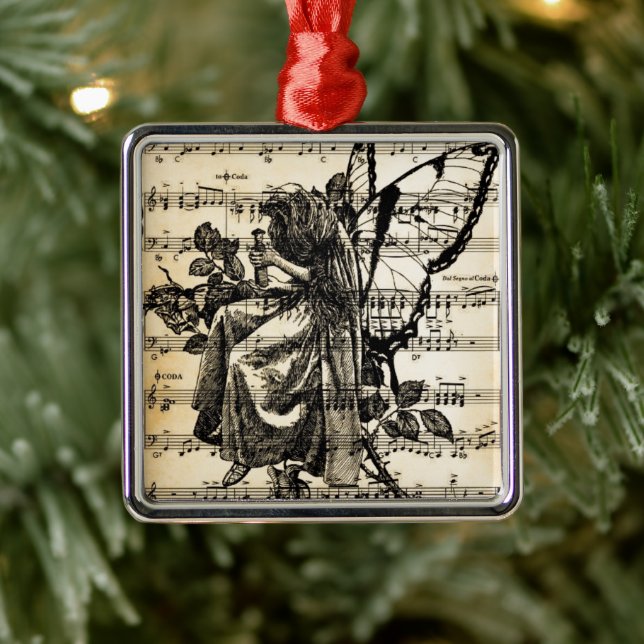 Ornement Carré Argenté Fée vintage et musique (Arbre)