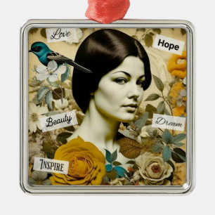 Ornement Carré Argenté Femme Vintage et Noël personnalisé avec oiseau ble