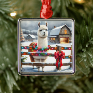 Ornement Carré Argenté Ferme vintage et Noël Cute Llama