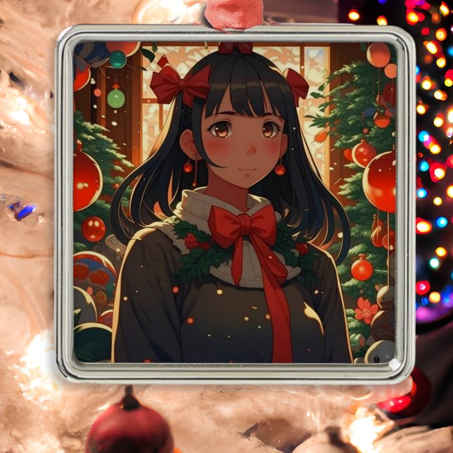 Ornement Carré Argenté Festive Anime Girl sur la nuit de Noël (Créateur téléchargé)