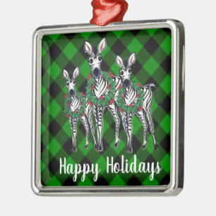 Ornement Carré Argenté Festive Christmas Zebras, xmas wreath, green plaid