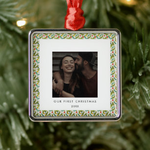 Ornement Carré Argenté Festive Notre première photo de Noël