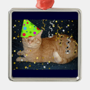 Ornement Carré Argenté Fête d'anniversaire Orange Tabby Cat