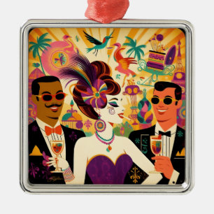 Ornement Carré Argenté Fête de cocktail rétro milieu du siècle Mardi Gras