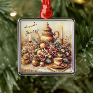 Ornement Carré Argenté Fête de thé élégante de Noël vintage