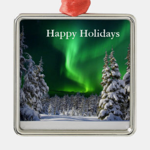 Ornement Carré Argenté Feux nordiques en hiver