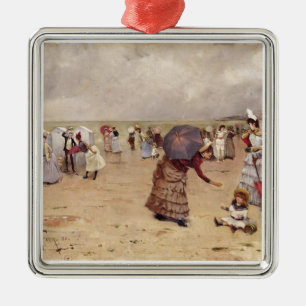 Ornement Carré Argenté Figures T29836 élégantes sur une plage, 1886