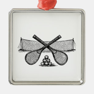 Ornement Carré Argenté Filet de tennis vintage sportif, raquettes croisée