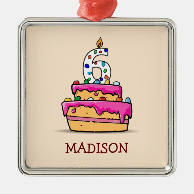 Ornement Carré Argenté Fille 6 Anniversaire, 6 sur Gâteau rose doux (Devant)