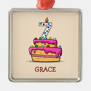 Ornement Carré Argenté Fille 7e anniversaire, 7 sur le gâteau rose sucré