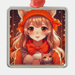 Ornement Carré Argenté Fille Anime avec Noël de Chaton Orange