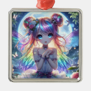 Ornement Carré Argenté Fille Anime Cheveux Arc-en-Ciel Chantant Fée Lune