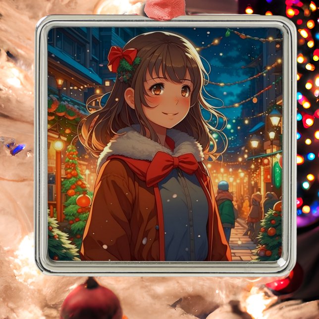 Ornement Carré Argenté Fille Anime dans la nuit de Noël (Créateur téléchargé)