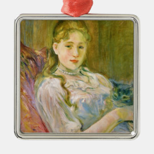 Ornement Carré Argenté Fille avec un chat gris (par Berthe Morisot)