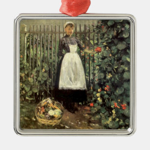 Ornement Carré Argenté Fille avec un panier de légumes dans un jardin