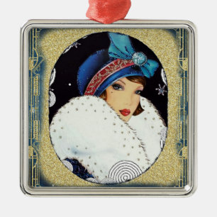 Ornement Carré Argenté Fille Flapper de Noël en grand manteau de fourrure