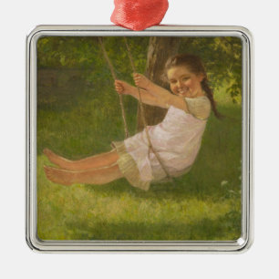 Ornement Carré Argenté Fille souriante sur une aile (Enfance Vintage)