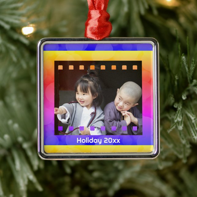 Ornement Carré Argenté Film photo négative avec texte personnalisé Année  (Arbre)