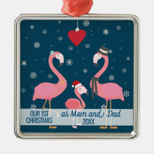 Ornement Carré Argenté first Christmas as Mom and Dad flamingo snowflakes