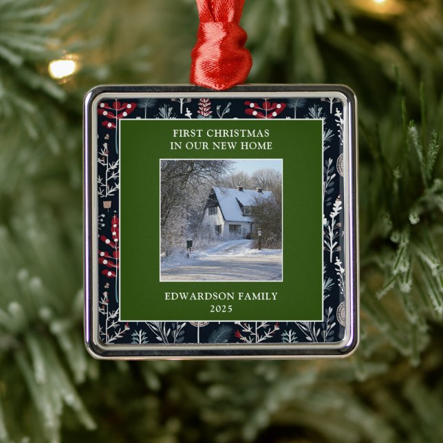 Ornement Carré Argenté First Christmas in our new Home photo family name (Arbre)