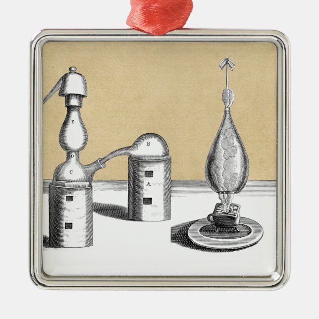 Ornement Carré Argenté Flacon d'alchimie de l'athée et fiole d'alambic (Devant)