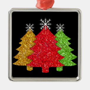 Ornement Carré Argenté Flacon de neige de l'arbre de Noël rouge étincelan