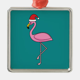 Ornement Carré Argenté Flamant rose de Noël avec Santa Hat