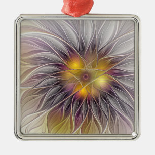 Ornement Carré Argenté Fleur colorée lumineuse, fractale moderne abstrait