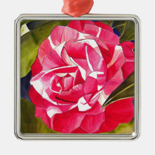 Ornement Carré Argenté Fleur d'art aquarelle Camélia rose vif