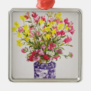 Ornement Carré Argenté Fleurs dans un pot chinois