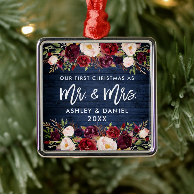 Ornement Carré Argenté Fleurs de Bourgogne Rustiques Premier Noël Bleu (Arbre)