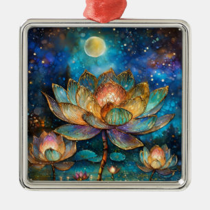 Ornement Carré Argenté Fleurs de lotus en verre coloré au clair de lune