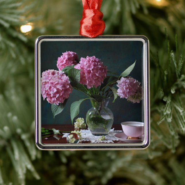 Ornement Carré Argenté Fleurs | Hydrangées dans Vase (Arbre)