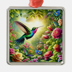 Ornement Carré Argenté Fleurs mignonnes Imaginaires Arc-en-ciel Colibri